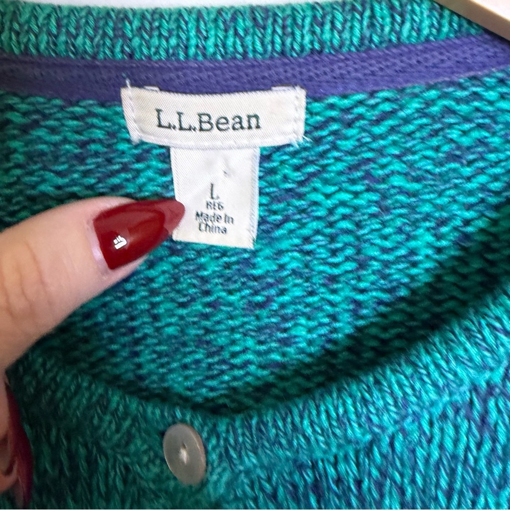 L.L. Bean 100% cotton vintage 90s Teal blue Crewneck Button Cardigan sweater L - Picture 3 of 6